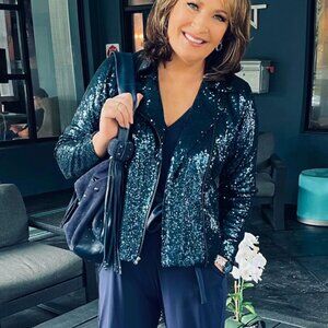 NWOT Peacock Blue Sequin Moto Biker Jacket